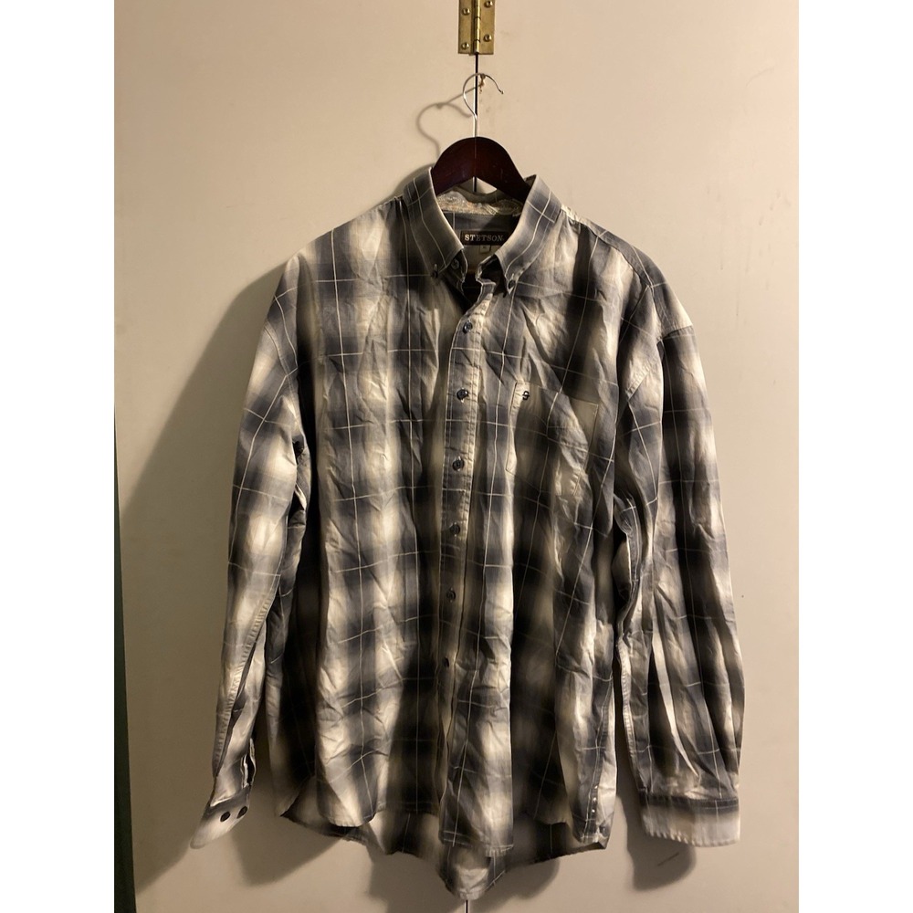 Stetson Mens XL Long Sleeve Western Shirt Grey Plaid Paisley Trim Button Down